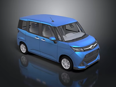 Blue Compact Van 3D Model with Modern Design on Reflective Dark Background 3d model