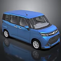 Blue Compact Van 3D Model with Modern Design on Reflective Dark Background
