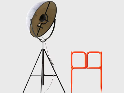 Studio Lighting Equipment With Tripod Mounted Reflector And Orange Plastic Chair 3d model