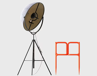 Studio Lighting Equipment With Tripod Mounted Reflector And Orange Plastic Chair 3d model