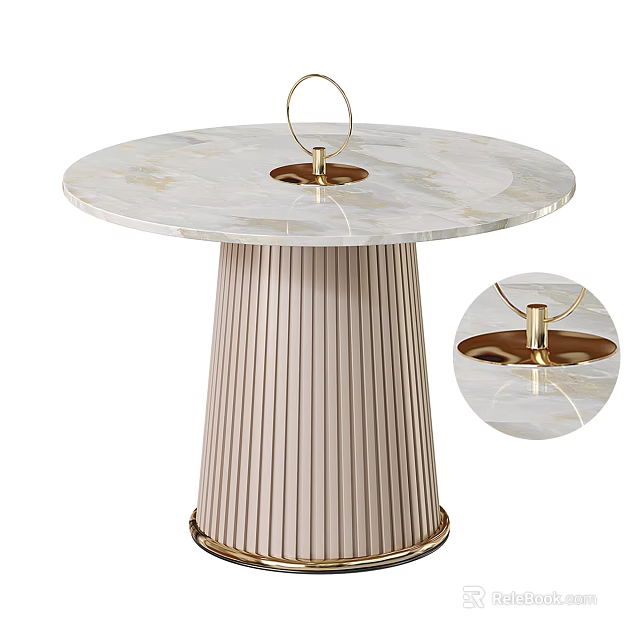 Modern Side Table with Marble Top Striped Beige Base and Gold Ring Handle Design 3d model