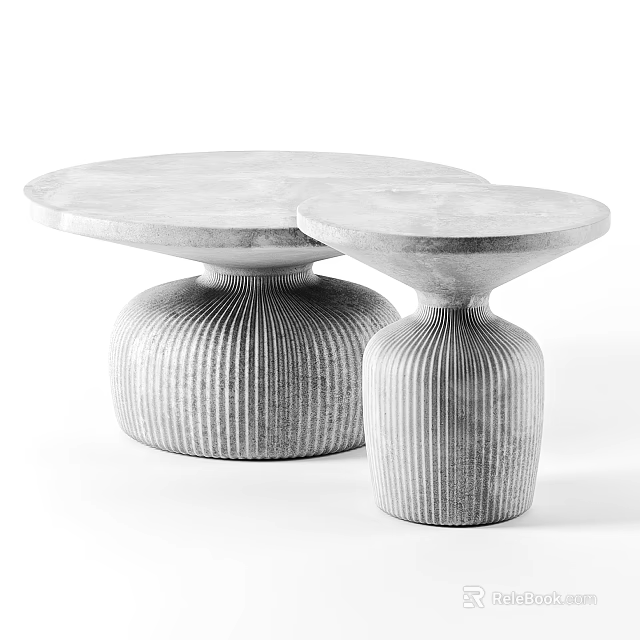 Two Round Marble Coffee Tables With Modern Ribbed Base In Large And Small Sizes 3d model 