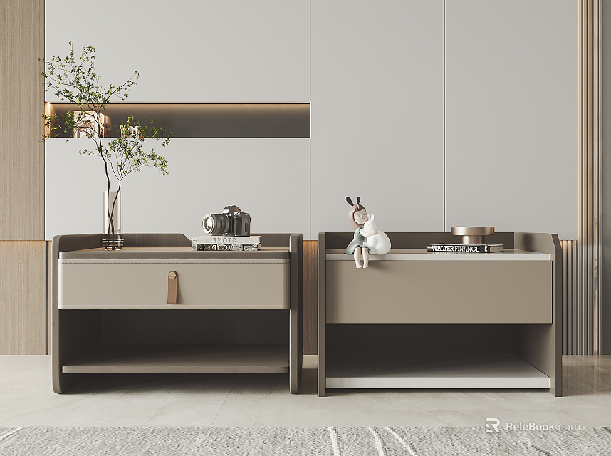 Modern Minimalist Bedside Tables With Drawer Wooden Handle Potted Plant Rabbit Doll And Silver Container 3d model 