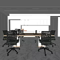 Modern Public Office Space Interior With Wooden Desk Black Chairs And White Storage Cabinets