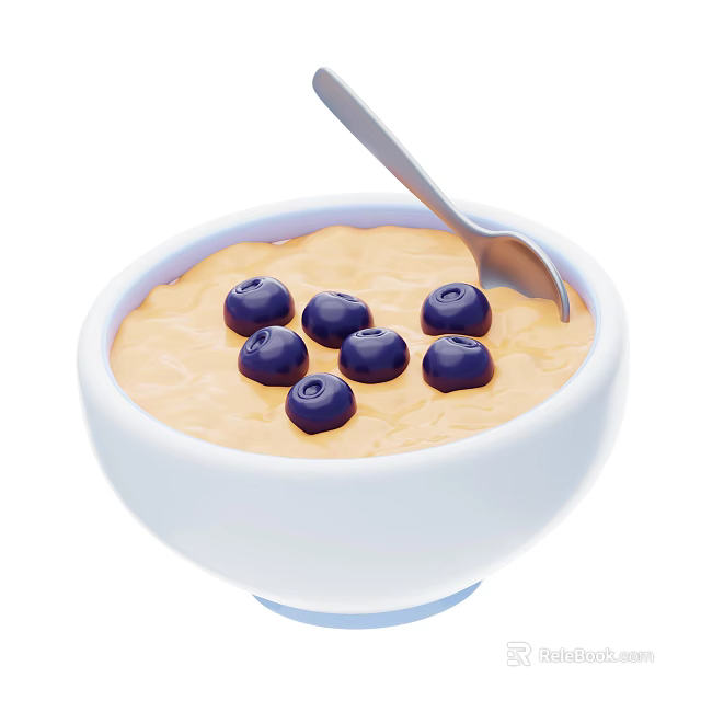 Creamy Pudding Topped With Fresh Blueberries In White Bowl With Silver Spoon 3d model 