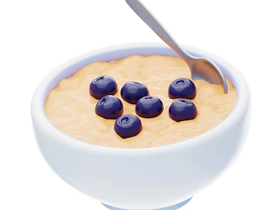 Creamy Pudding Topped With Fresh Blueberries In White Bowl With Silver Spoon 3d model