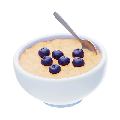 Creamy Pudding Topped With Fresh Blueberries In White Bowl With Silver Spoon 3d model