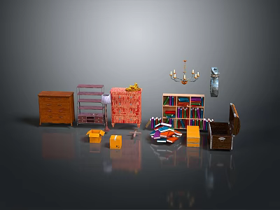 Various Furniture Collection Featuring Brown Cabinet Pink Shelf Red Sofa And Bookshelf With Books 3d model