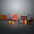 Various Furniture Collection Featuring Brown Cabinet Pink Shelf Red Sofa And Bookshelf With Books