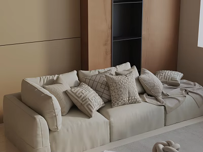 Beige Three Seater Sofa With Patterned Pillows In Modern Minimalist Living Room With Wooden Cabinet 3d model