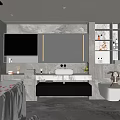 Modern Bathroom Interior With Freestanding Bathtub Vanity Mirror LED Lighting And Marble Walls