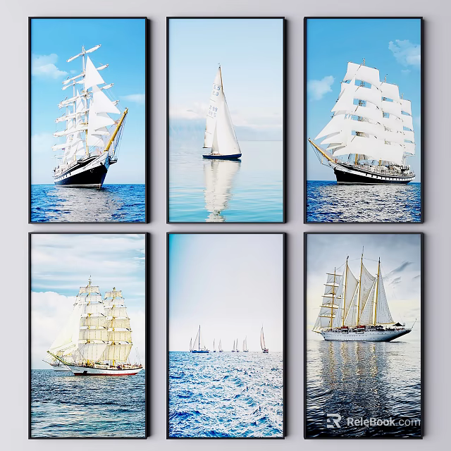Nautical Sailboat Paintings With Ocean Views And Sky Background Elements 3d model