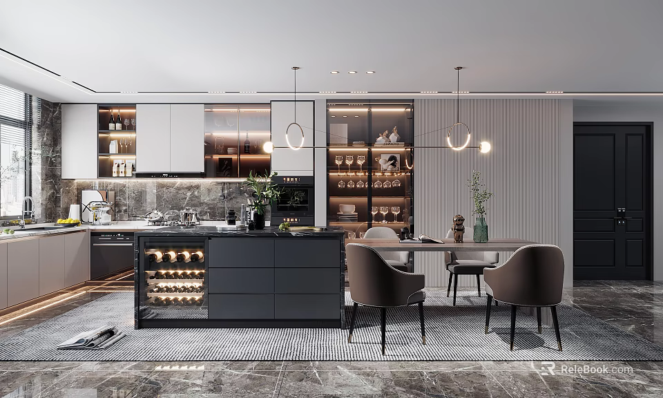 Modern Open Dining Area With Kitchen Island Wine Storage Dining Table Chairs And Pendant Lights 3d model 