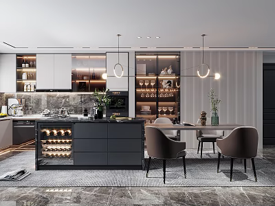 Modern Open Dining Area With Kitchen Island Wine Storage Dining Table Chairs And Pendant Lights 3d model