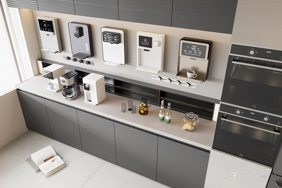 Modern Kitchen With Various Daily Electrical Appliances Neatly Arranged On Countertop And Cabinets 3d model 