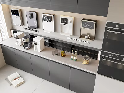 Modern Kitchen With Various Daily Electrical Appliances Neatly Arranged On Countertop And Cabinets 3d model
