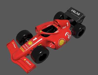 Red Formula 1 Race Car With VELAS Logo Shell Branding Number 1 And Black Tires 3d model