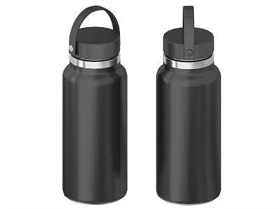 Two Black Stainless Steel Water Bottles With Textured Surface And Carry Handle 3d model