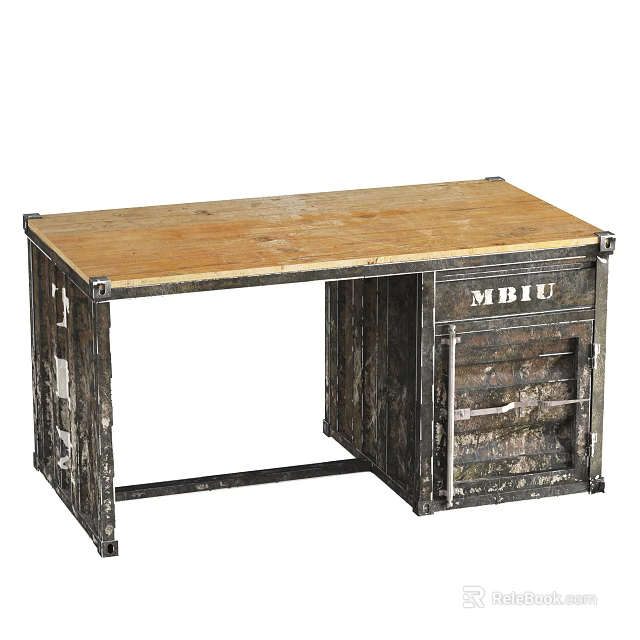 Industrial Style Desk With Distressed Wooden Top And Metal Frame Drawer Cabinet 3d model 