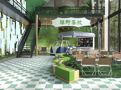 Wild Green Themed Milk Tea Shop With Open Space Tables Chairs And Fresh Plants 3d model