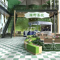 Wild Green Themed Milk Tea Shop With Open Space Tables Chairs And Fresh Plants