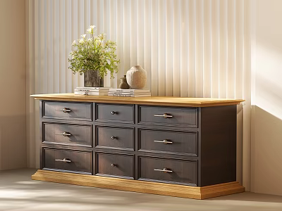 Modern Dark Wood Dresser With Metal Handle Drawers Light Top Decorative Plants 3d model