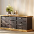 Modern Dark Wood Dresser With Metal Handle Drawers Light Top Decorative Plants