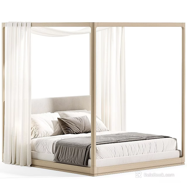 Modern Minimalist Canopy Double Bed With Sheer White Curtains Soft Upholstered Headboard And Cozy Bedding 3d model 
