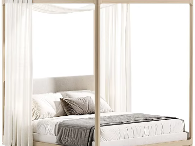 Modern Minimalist Canopy Double Bed With Sheer White Curtains Soft Upholstered Headboard And Cozy Bedding 3d model