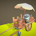 Rustic Wooden Cart Featuring Umbrella Milk Can Shovel And Wooden Wheel