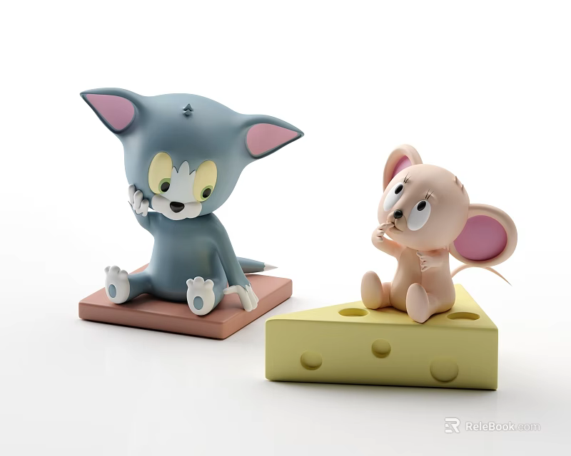 Blue Cat and Pink Mouse Cartoon Figurines on Brown Base and Cheese 3d model 