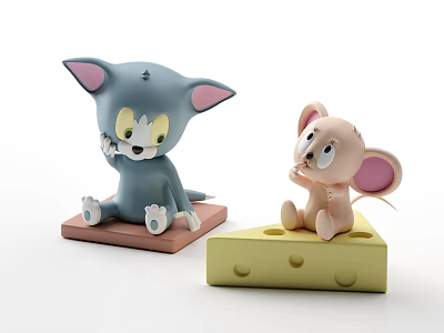 Blue Cat and Pink Mouse Cartoon Figurines on Brown Base and Cheese 3d model