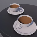 White Cups With Brown Liquid On Saucers Over Black Round Table 3d model