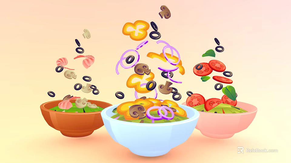 Colorful Bowls Containing Fresh Salad With Flying Tomatoes Mushrooms Olives And Onion Rings 3d model 