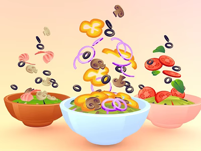 Colorful Bowls Containing Fresh Salad With Flying Tomatoes Mushrooms Olives And Onion Rings 3d model
