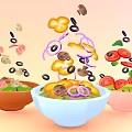 Colorful Bowls Containing Fresh Salad With Flying Tomatoes Mushrooms Olives And Onion Rings