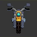 Yellow toy motorcycle with black seat green headlight and metallic parts on reflective surface