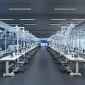 Modern Industrial Workshop Interior With Tables Cardboard Boxes Machinery And Strip Lights