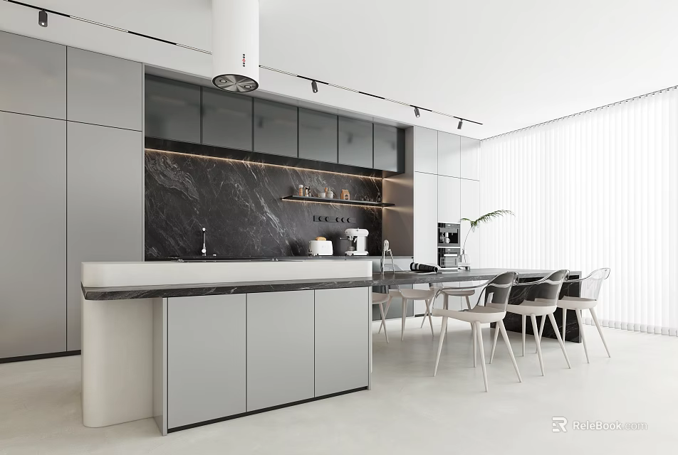 Modern Open Concept Restaurant Interior With Sleek Dining Table And Chairs 3d model