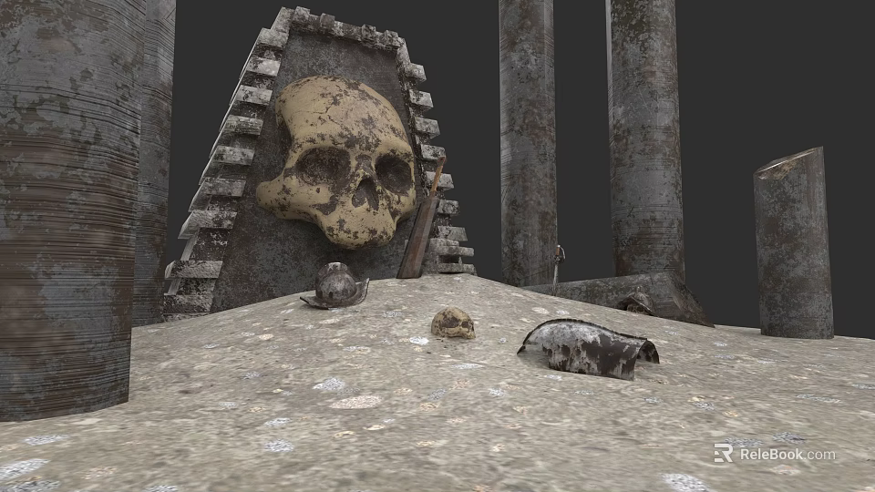 Ancient Garden Landscape Featuring Pyramid Structure Stone Pillars And Skull Decoration 3d model 