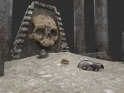 Ancient Garden Landscape Featuring Pyramid Structure Stone Pillars And Skull Decoration 3d model