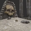 Ancient Garden Landscape Featuring Pyramid Structure Stone Pillars And Skull Decoration