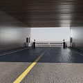 Industrial Factory Entrance With Spacious Road Yellow Dividing Line Gray Walls Wooden Ceiling And Railings