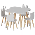 Petal Shaped Light Gray Kids Table with Wooden Legs and Matching Animal Backrest Chairs