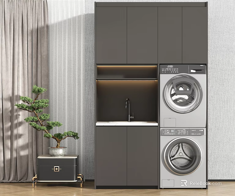 Home Balcony Interior Design With Gray Cabinets Washing Machine Dryer And Small Potted Plant 3d model 