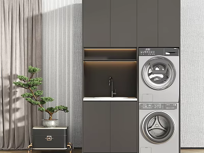Home Balcony Interior Design With Gray Cabinets Washing Machine Dryer And Small Potted Plant 3d model