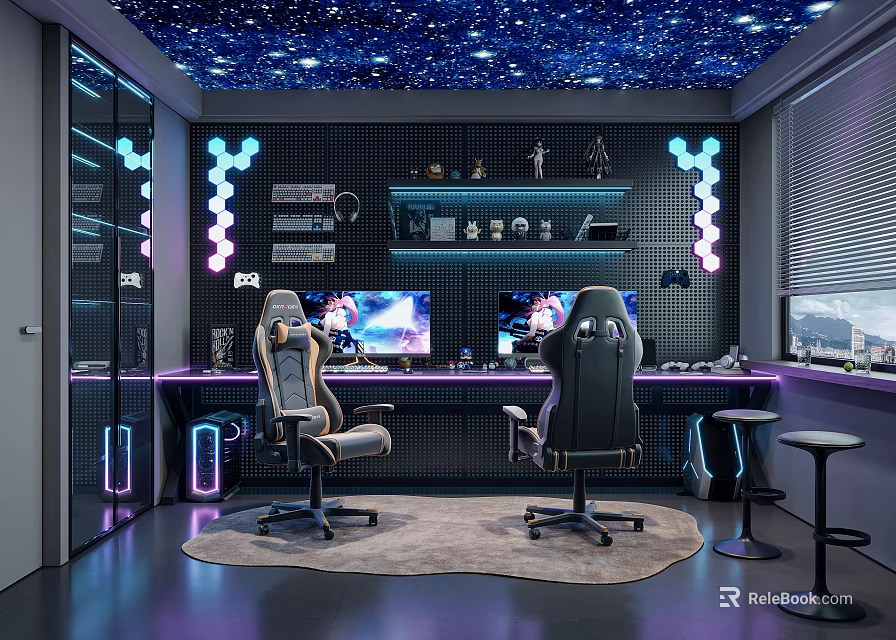Modern Gaming Room Interior With Starry Ceiling Neon Lights And Dual Monitors 3d model 