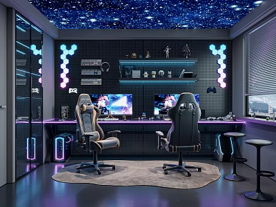 Modern Gaming Room Interior With Starry Ceiling Neon Lights And Dual Monitors 3d model