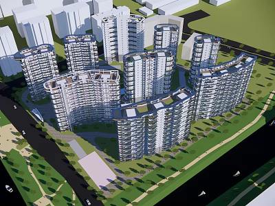 Modern High Rise Residential Complex Aerial View With Green Spaces Roads And Water 3d model