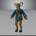 Anthropomorphic Goat Character In Blue Outfit With Red Bag And Curved Horns